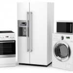 Group of household appliances on a white background